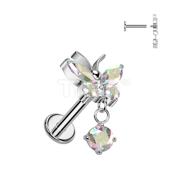Implant Grade Titanium Internally Threaded CZ Butterfly Labret, Flat Back Stud With CZ Dangle - Image 2