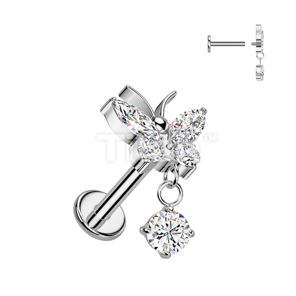 Implant Grade Titanium Internally Threaded CZ Butterfly Labret, Flat Back Stud With CZ Dangle - Image 3