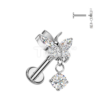 Implant Grade Titanium Internally Threaded CZ Butterfly Labret, Flat Back Stud With CZ Dangle - Image 3