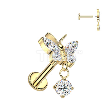 Implant Grade Titanium Internally Threaded CZ Butterfly Labret, Flat Back Stud With CZ Dangle - Image 4