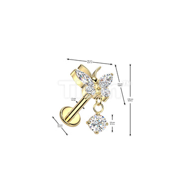 Implant Grade Titanium Internally Threaded CZ Butterfly Labret, Flat Back Stud With CZ Dangle - Image 5
