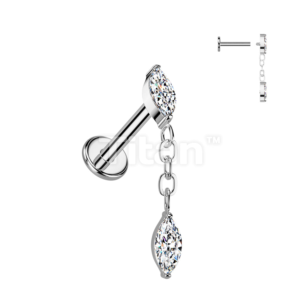 Implant Grade Titanium Internally Threaded Marquise CZ Labret, Flat Back Stud With Marquise CZ Dangle - Image 2