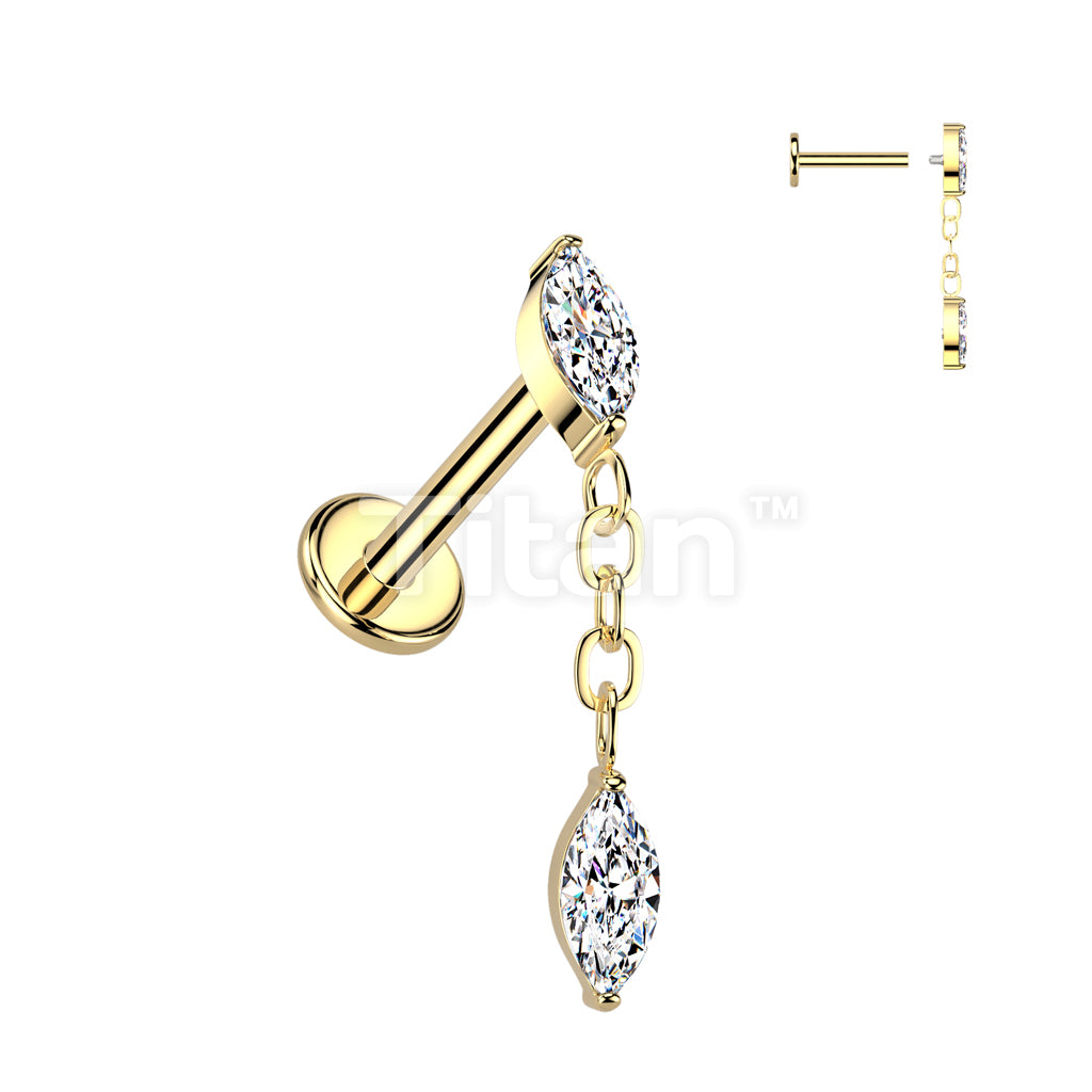Implant Grade Titanium Internally Threaded Marquise CZ Labret, Flat Back Stud With Marquise CZ Dangle - Image 3