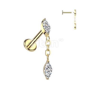 Implant Grade Titanium Internally Threaded Marquise CZ Labret, Flat Back Stud With Marquise CZ Dangle - Image 3