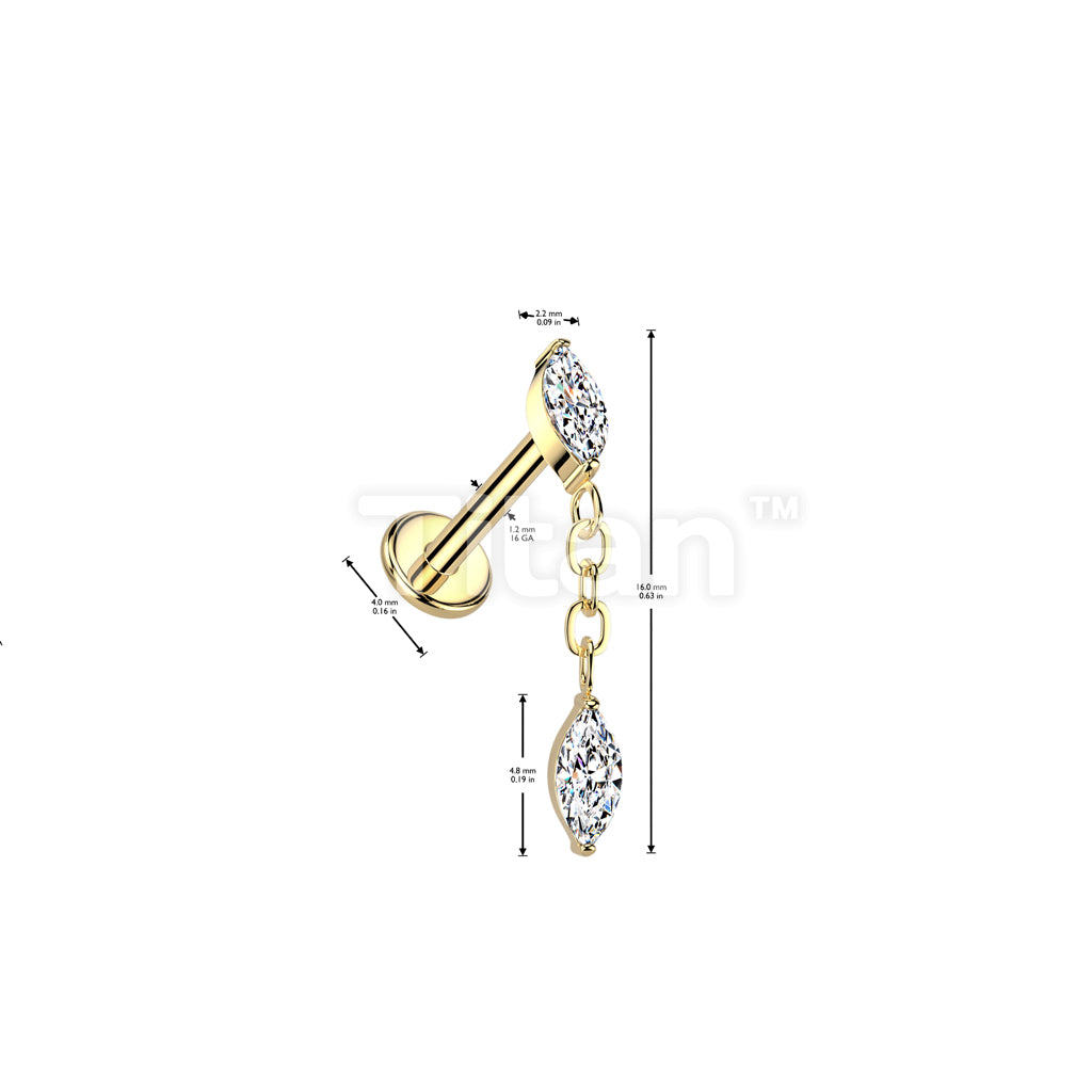 Implant Grade Titanium Internally Threaded Marquise CZ Labret, Flat Back Stud With Marquise CZ Dangle - Image 4