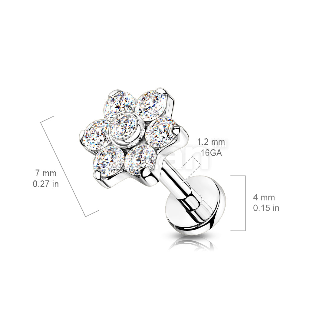 Implant Grade Titanium Internally Threaded CZ Flower Top Labret With Bezel Set Center and Prong Set Petals - Image 6