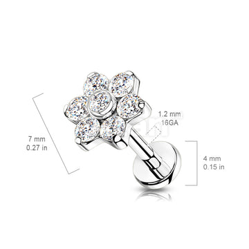 Implant Grade Titanium Internally Threaded CZ Flower Top Labret With Bezel Set Center and Prong Set Petals - Image 6