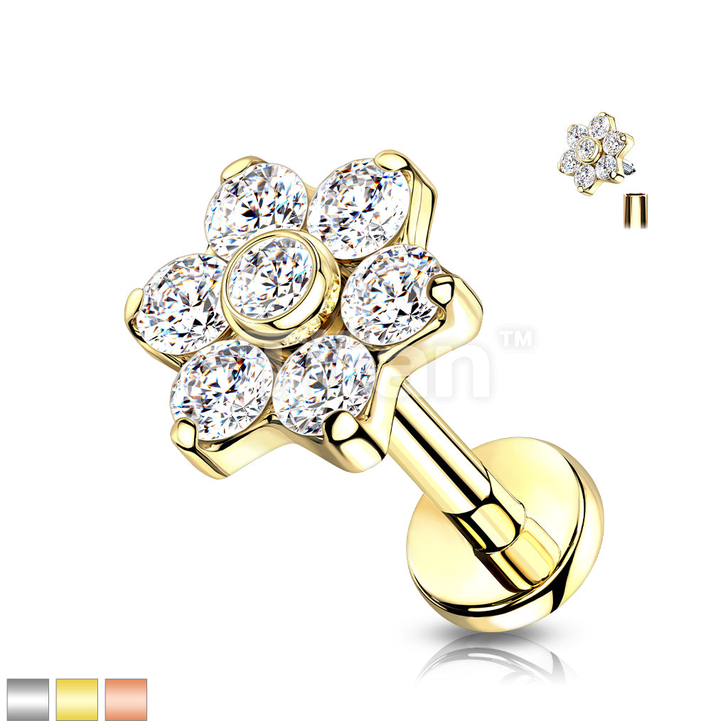 Implant Grade Titanium Internally Threaded CZ Flower Top Labret With Bezel Set Center and Prong Set Petals - Image 2