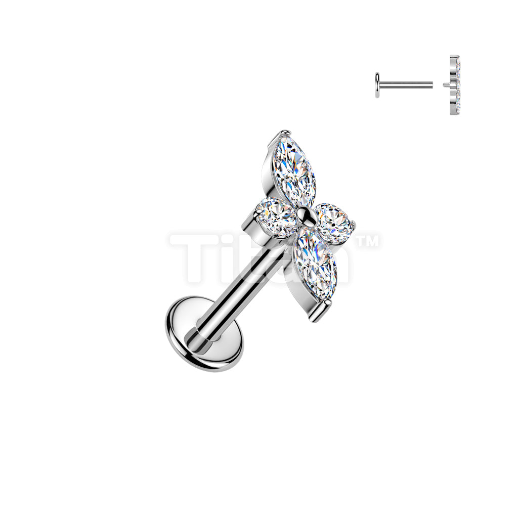 Implant Grade Titanium Internally Threaded Labret, 4mm Flat Back Stud With Marquise And Round CZ Cross Top - Image 2