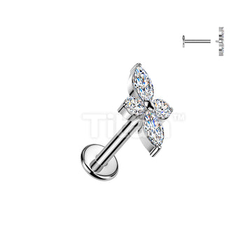 Implant Grade Titanium Internally Threaded Labret, 4mm Flat Back Stud With Marquise And Round CZ Cross Top - Image 2