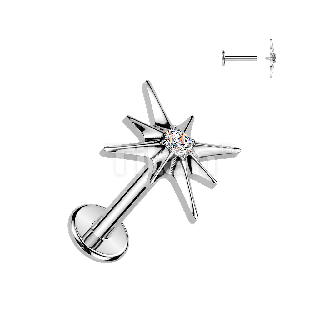 Titanium Internally Threaded CZ Centered Starburst Top Labret, Flat Back Stud. - Image 2