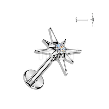Titanium Internally Threaded CZ Centered Starburst Top Labret, Flat Back Stud. - Image 2