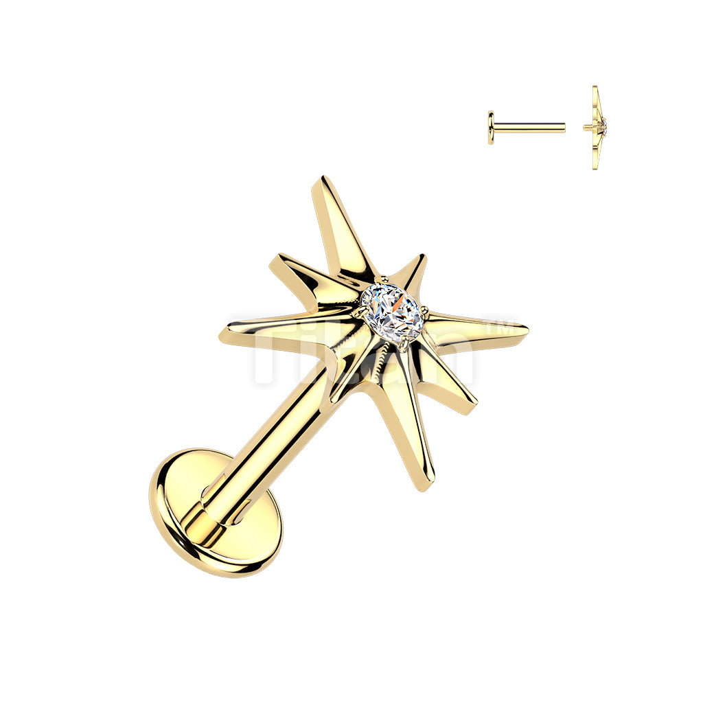 Titanium Internally Threaded CZ Centered Starburst Top Labret, Flat Back Stud. - Image 3