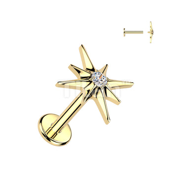 Titanium Internally Threaded CZ Centered Starburst Top Labret, Flat Back Stud. - Image 3