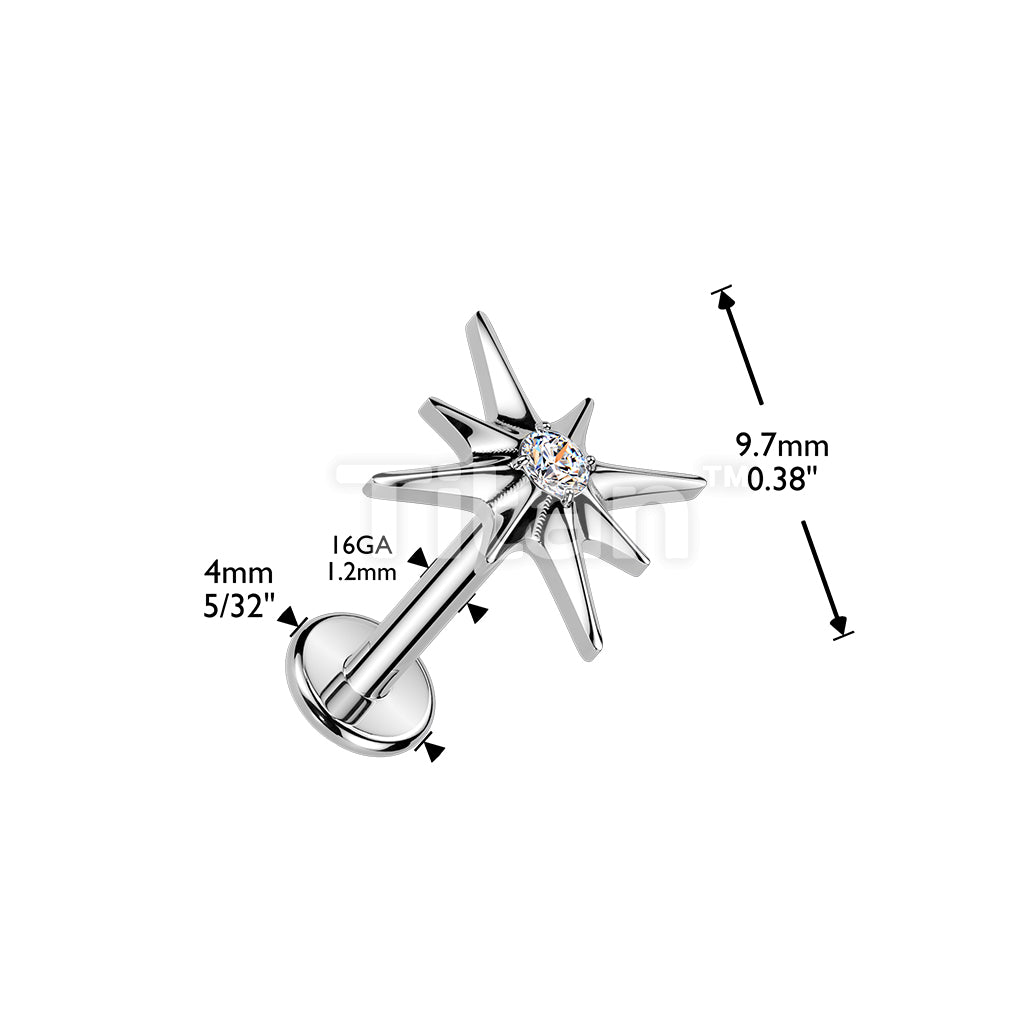 Titanium Internally Threaded CZ Centered Starburst Top Labret, Flat Back Stud. - Image 4