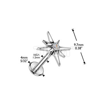 Titanium Internally Threaded CZ Centered Starburst Top Labret, Flat Back Stud. - Image 4