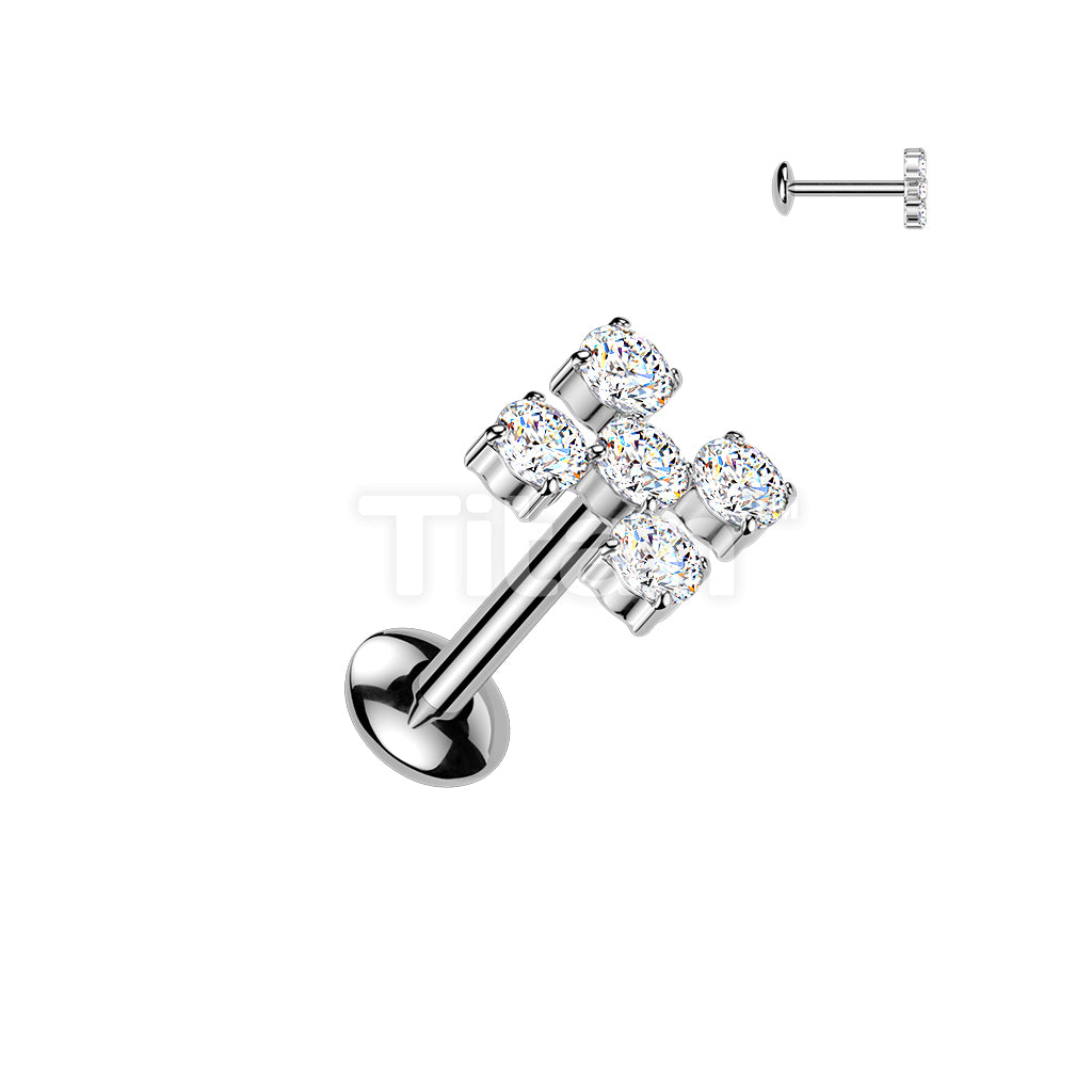 Titanium Internally Threaded 5 CZ Cross Top Labret With Convex Back - Image 3