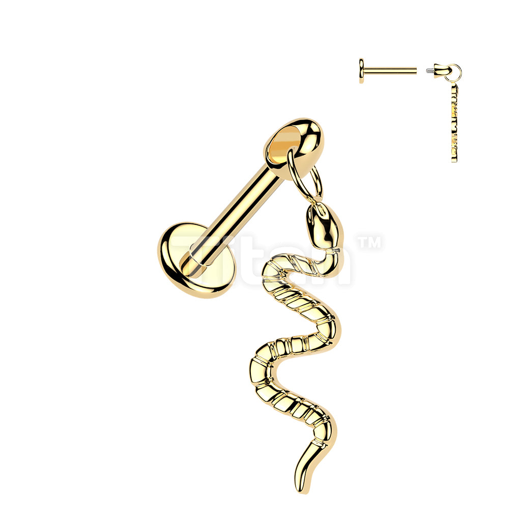 Titanium Internally Threaded Flat Back Labret With Snake Dangle - Image 2