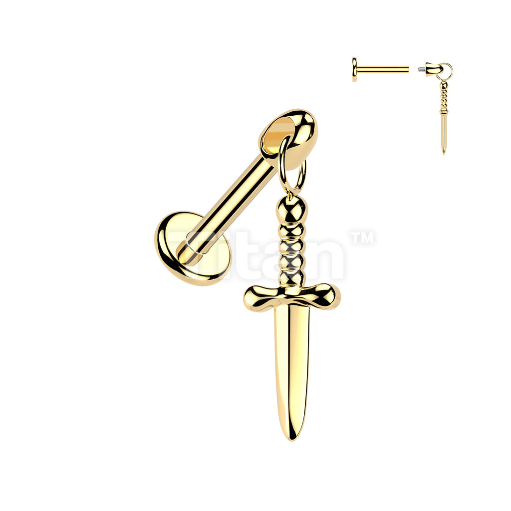 Titanium Internally Threaded Flat Back Labret With Dagger Dangle - Image 2