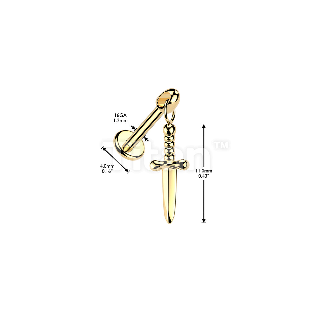 Titanium Internally Threaded Flat Back Labret With Dagger Dangle - Image 4