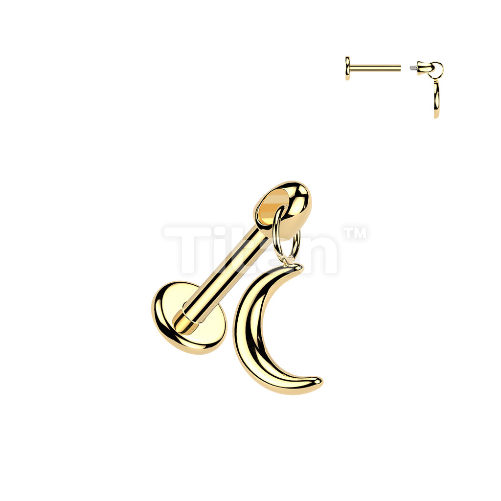 Titanium Internally Threaded Flat Back Labret With Crescent Moon Dangle - Image 2