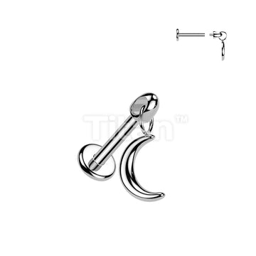 Titanium Internally Threaded Flat Back Labret With Crescent Moon Dangle - Image 3