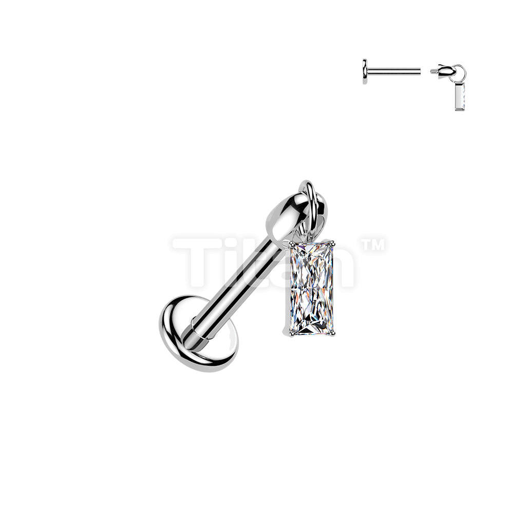 Titanium Internally Threaded Flat Back Labret With Baguette CZ Dangle - Image 2