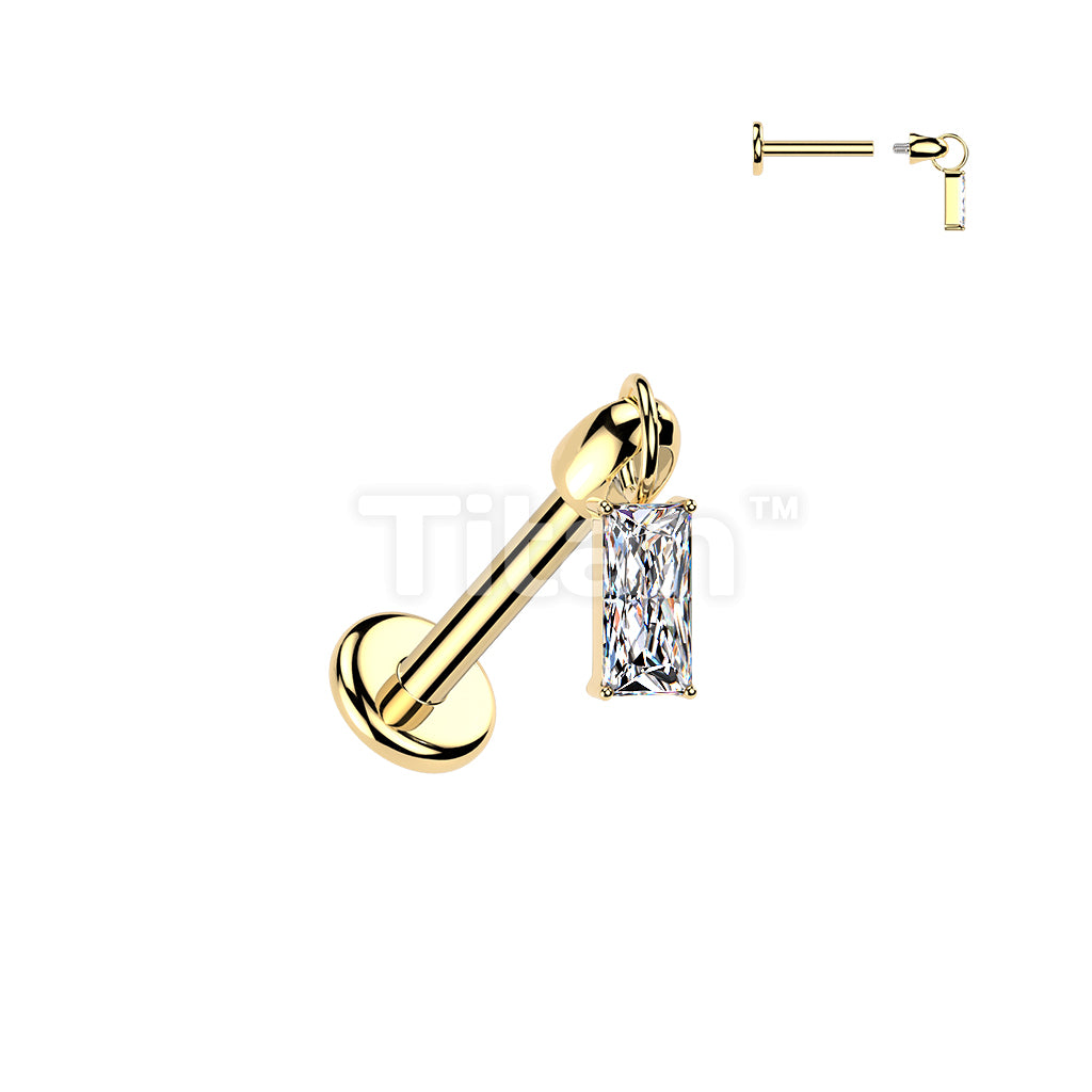 Titanium Internally Threaded Flat Back Labret With Baguette CZ Dangle - Image 3