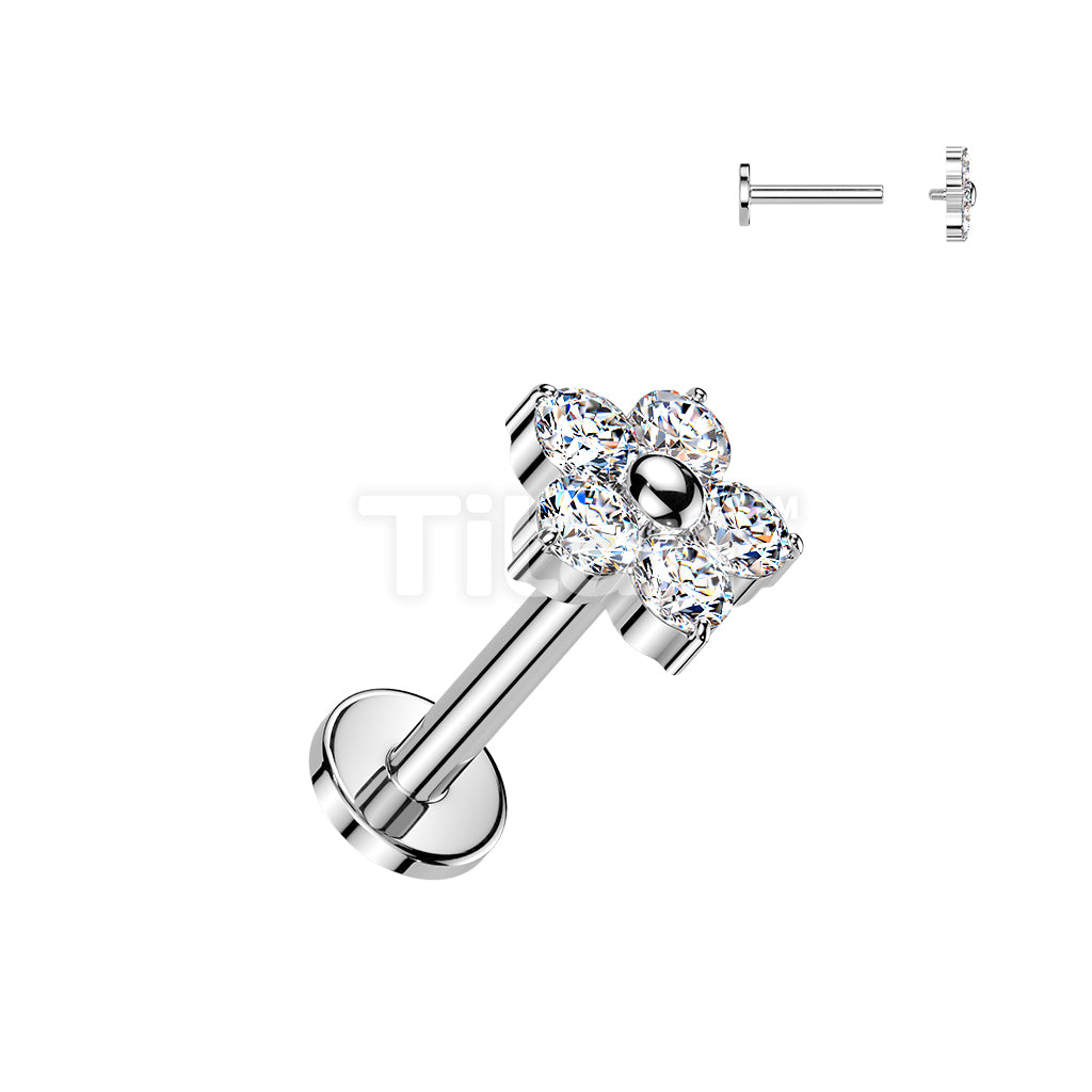 Titanium Internally Threaded 4mm Flat Back Labret With 5 CZ Flower Top - Image 2