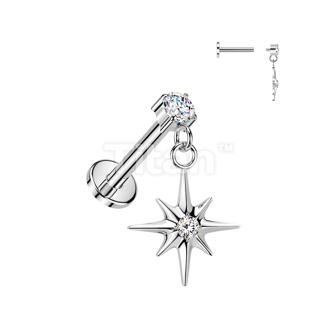 Titanium Internally Threaded Flat Back Labret With Prong Set CZ & Starburst Dangle - Image 2
