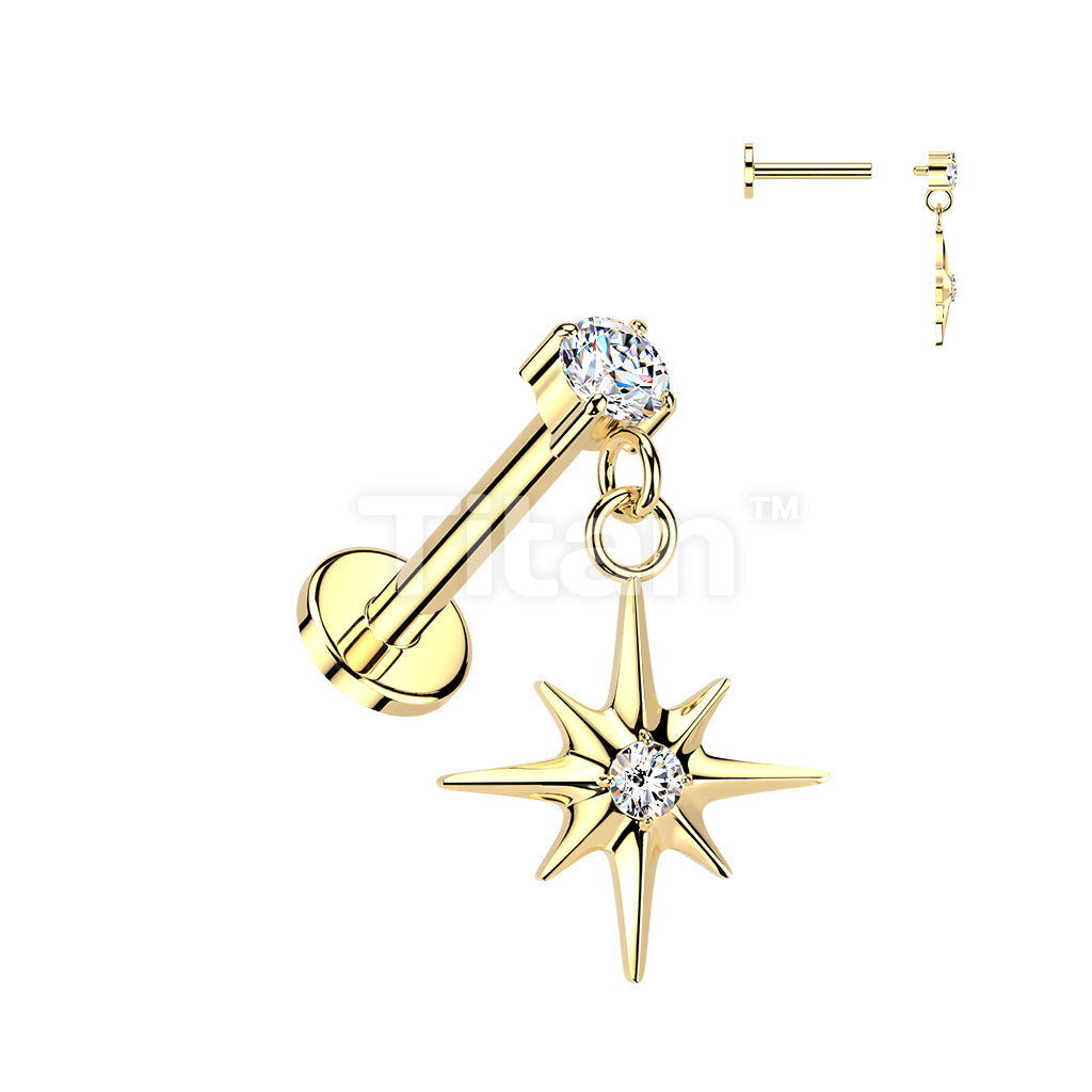 Titanium Internally Threaded Flat Back Labret With Prong Set CZ & Starburst Dangle - Image 3