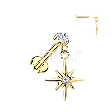 Titanium Internally Threaded Flat Back Labret With Prong Set CZ & Starburst Dangle - Image 3