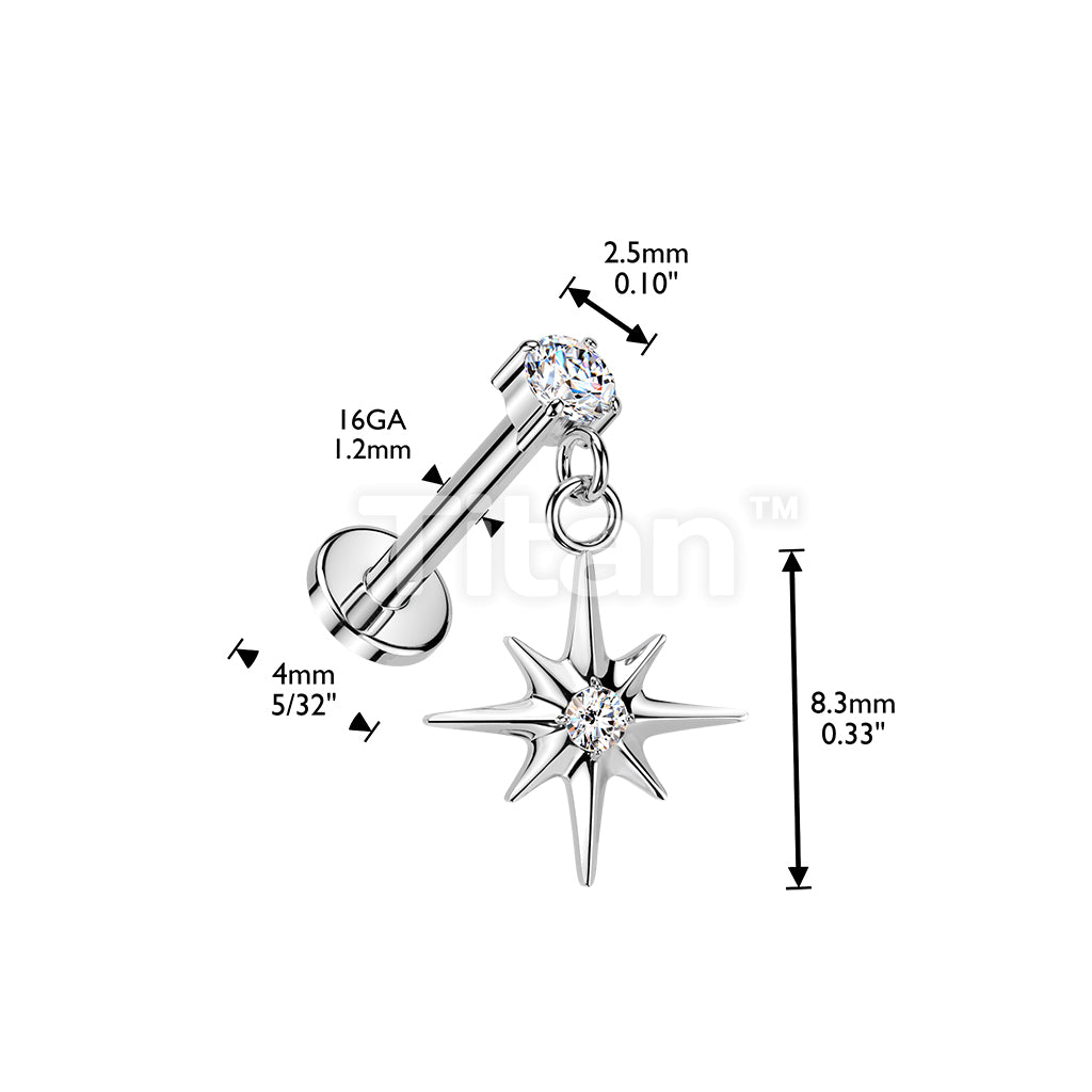 Titanium Internally Threaded Flat Back Labret With Prong Set CZ & Starburst Dangle - Image 4