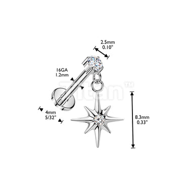 Titanium Internally Threaded Flat Back Labret With Prong Set CZ & Starburst Dangle - Image 4