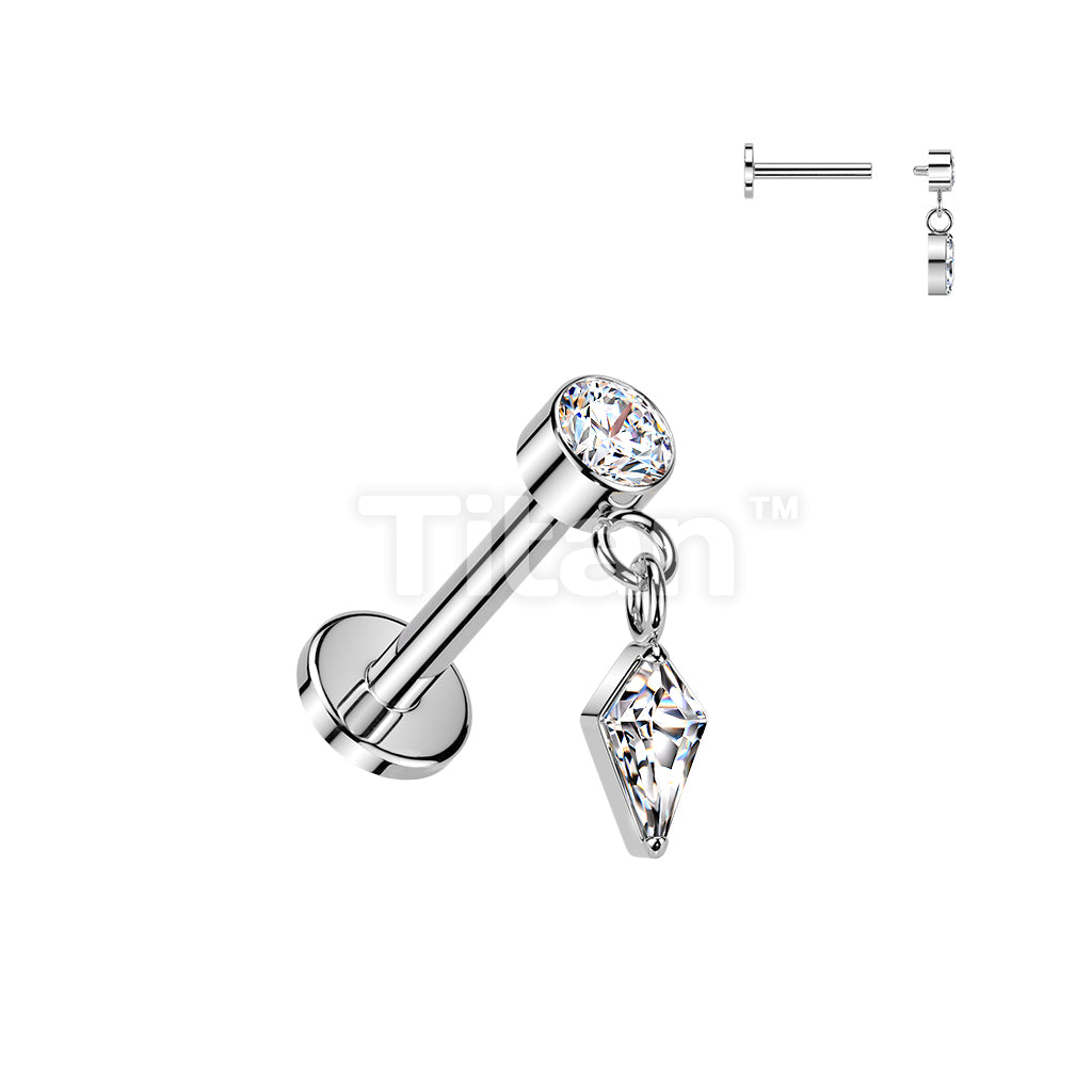 Titanium Internally Threaded Flat Back Labret With Bezel Set CZ & Kite CZ Dangle - Image 2