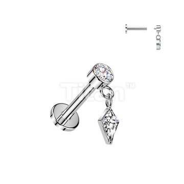 Titanium Internally Threaded Flat Back Labret With Bezel Set CZ & Kite CZ Dangle - Image 2
