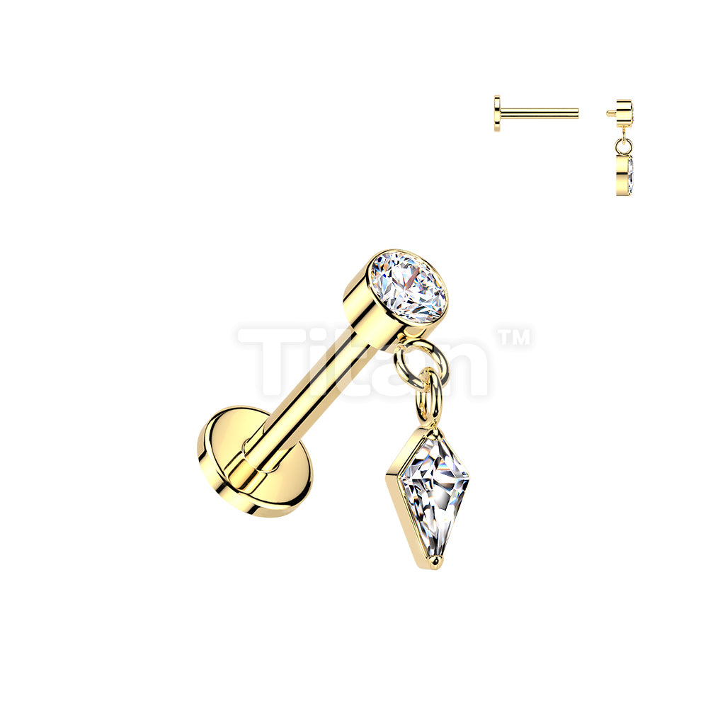 Titanium Internally Threaded Flat Back Labret With Bezel Set CZ & Kite CZ Dangle - Image 3