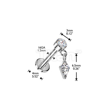 Titanium Internally Threaded Flat Back Labret With Bezel Set CZ & Kite CZ Dangle - Image 4