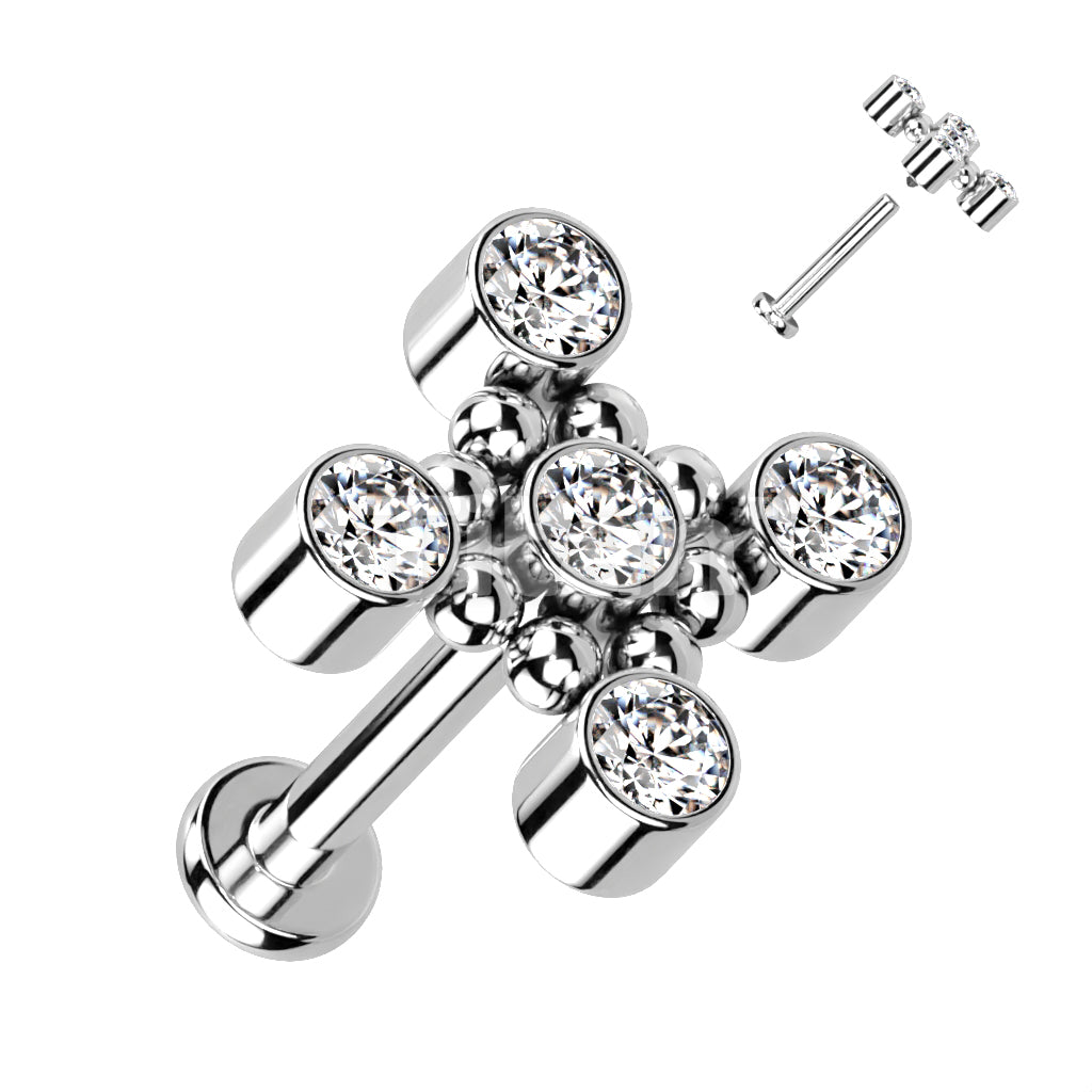 Implant Grade Titanium Internally Threaded Square Shaped Top With CZs and Beaded Balls Labret - Image 2