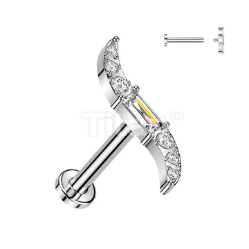 Titanium Internally Threaded Labret With Baguette CZ Center and Round CNC Set CZ Wave Top - Image 2