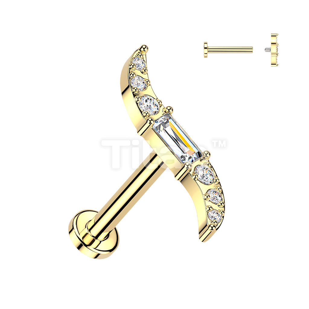 Titanium Internally Threaded Labret With Baguette CZ Center and Round CNC Set CZ Wave Top - Image 3
