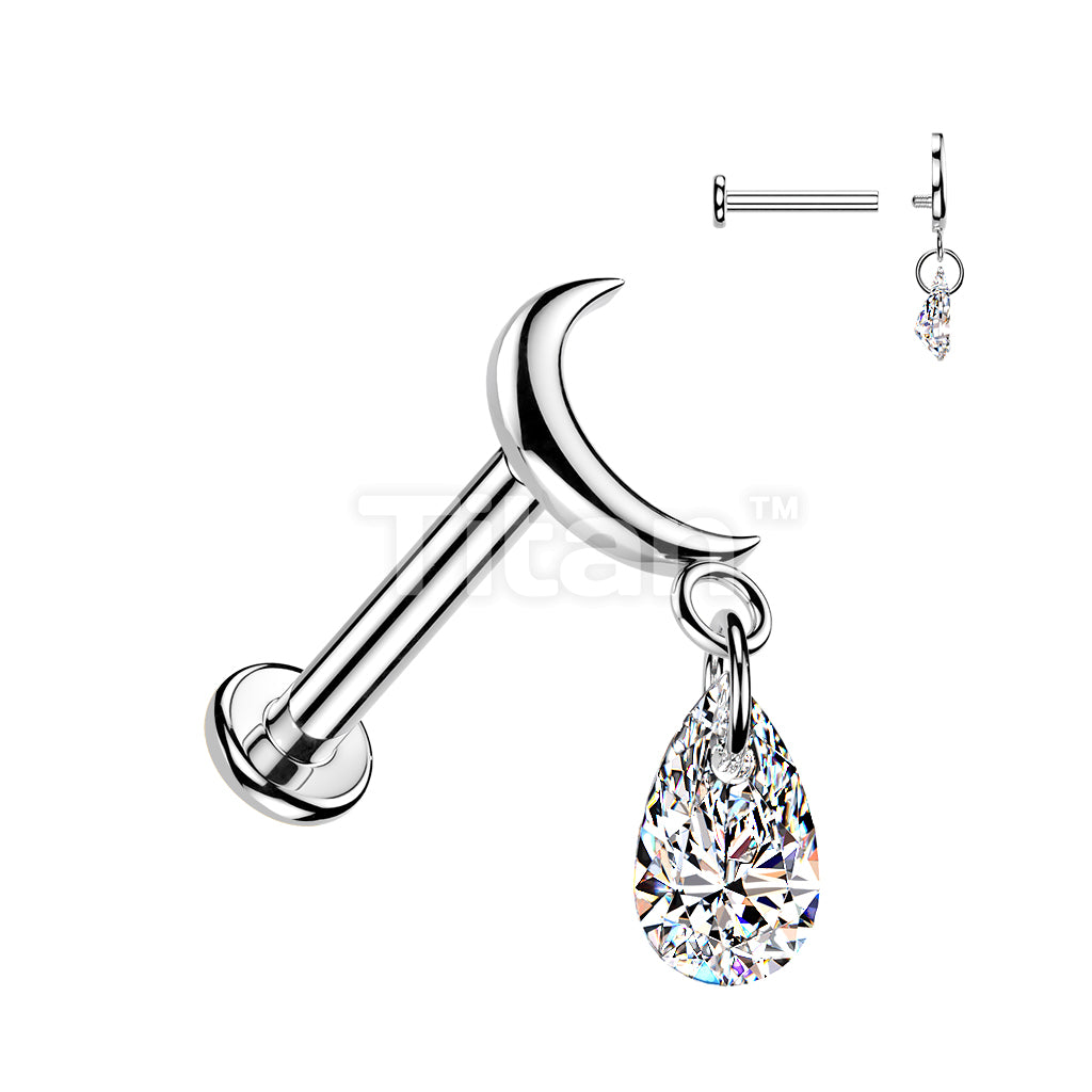 Titanium Internally Threaded Flat Back Labret With Moon Top & Teardrop CZ Dangle - Image 2