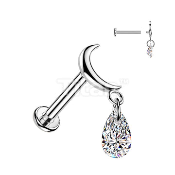 Titanium Internally Threaded Flat Back Labret With Moon Top & Teardrop CZ Dangle - Image 2