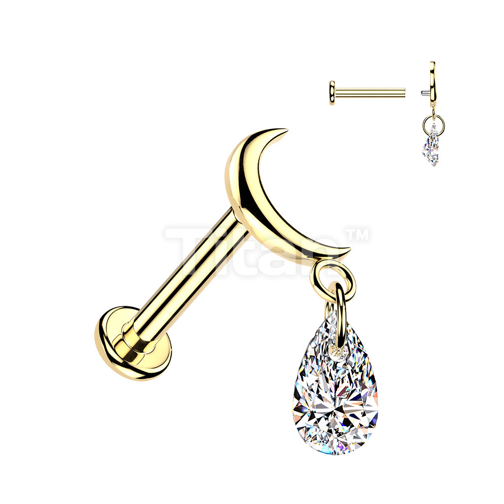Titanium Internally Threaded Flat Back Labret With Moon Top & Teardrop CZ Dangle - Image 3