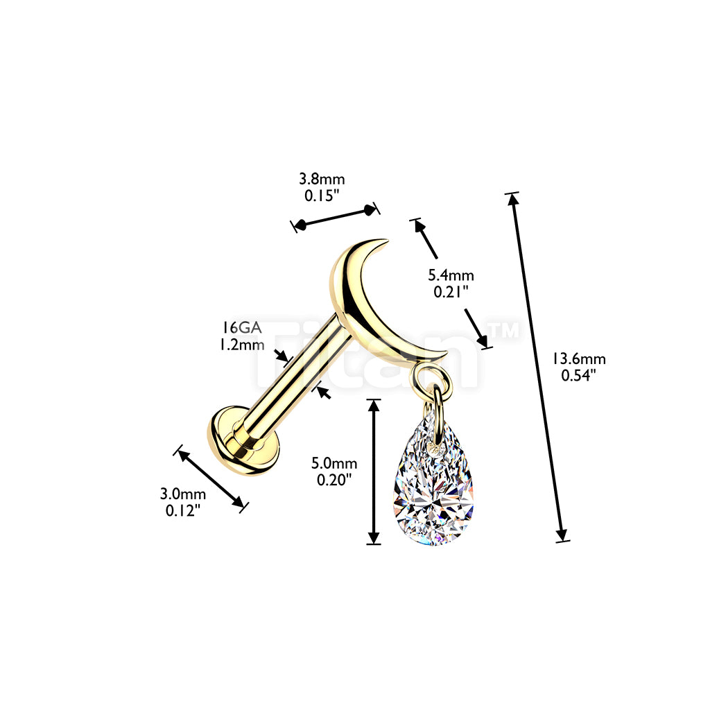 Titanium Internally Threaded Flat Back Labret With Moon Top & Teardrop CZ Dangle - Image 4