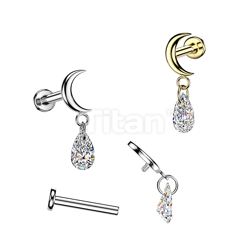 Titanium Internally Threaded Flat Back Labret With Moon Top & Teardrop CZ Dangle