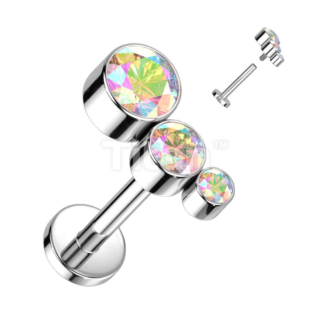 Implant Grade Titanium Internally Threaded Labret With Descending Bezel Set 3 CZ Curved Top - Image 2