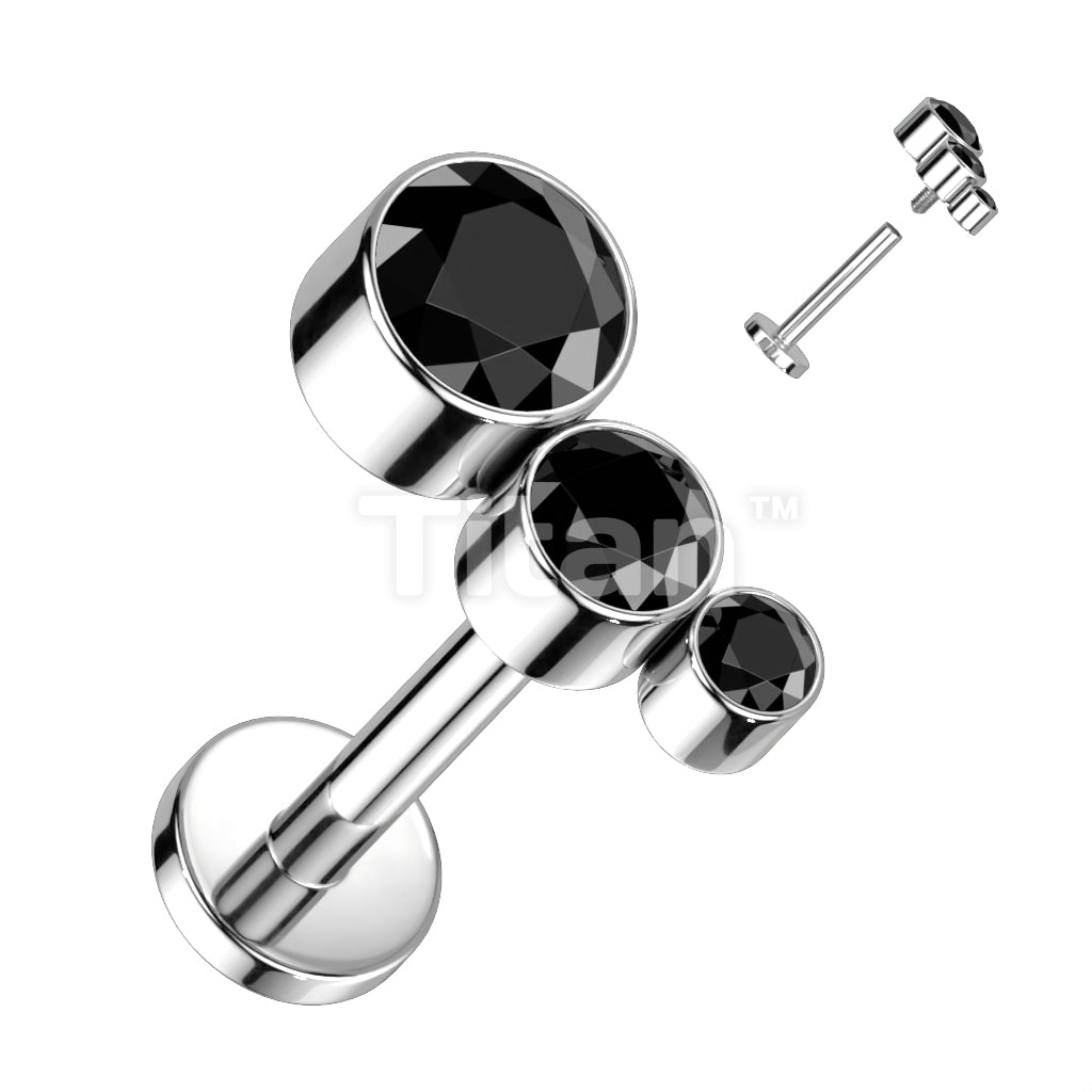 Implant Grade Titanium Internally Threaded Labret With Descending Bezel Set 3 CZ Curved Top - Image 5