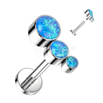 Implant Grade Titanium Internally Threaded Labret With Descending Bezel Set 3 Opal Curved Top - Image 2