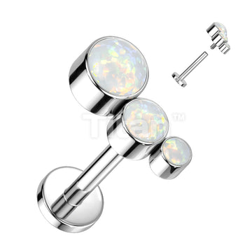 Implant Grade Titanium Internally Threaded Labret With Descending Bezel Set 3 Opal Curved Top - Image 3
